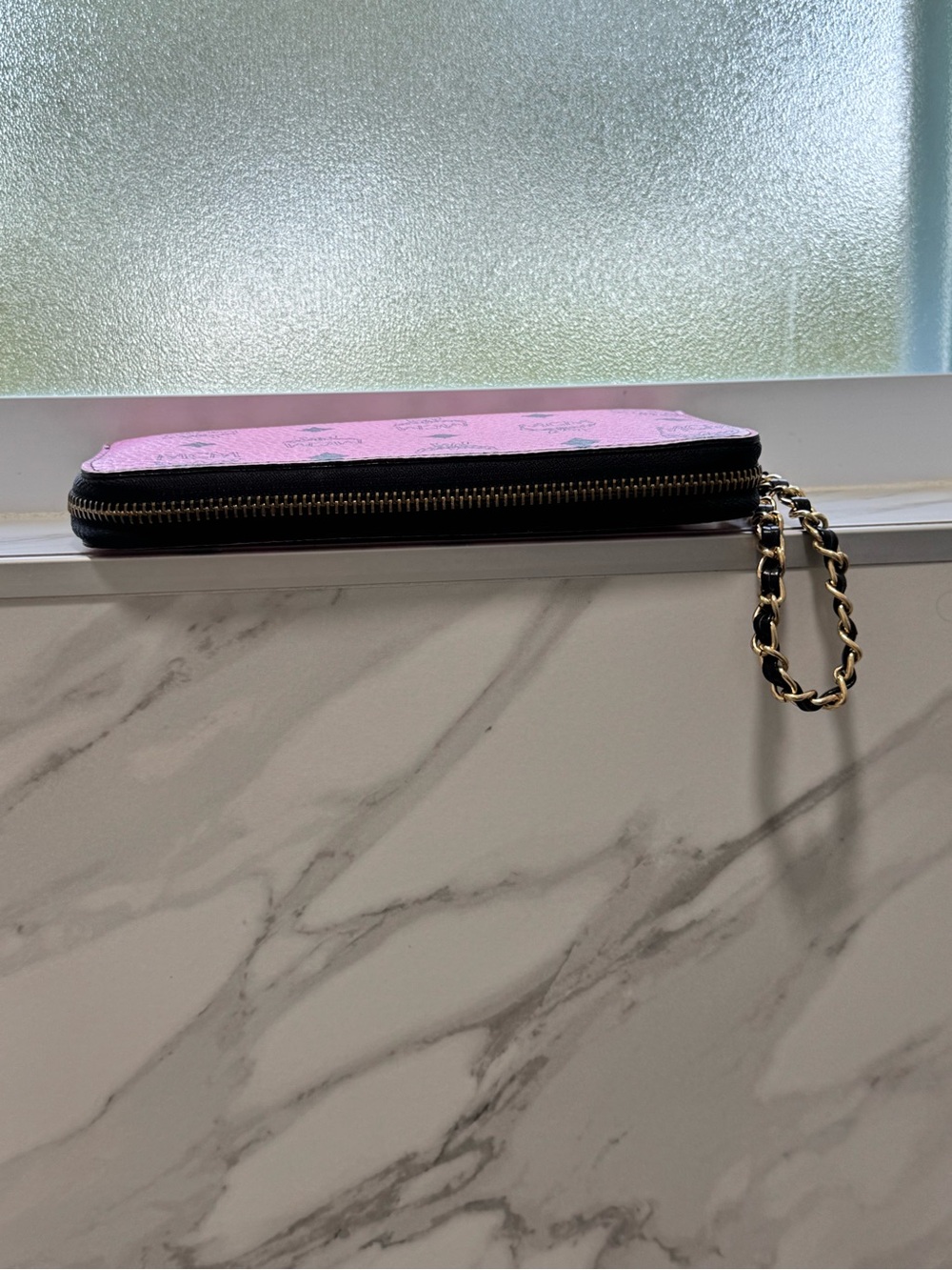 MCM Pink Logo Zip-Around Wallet Wristlet with Chain Strap - Picture 4 of 12